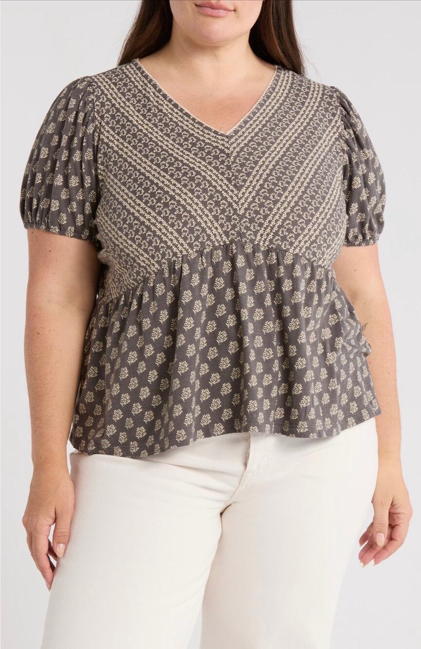 Lucky Brand V-Neck Mix Print Peplum Tee charcoal gray ivory cream short sleeve